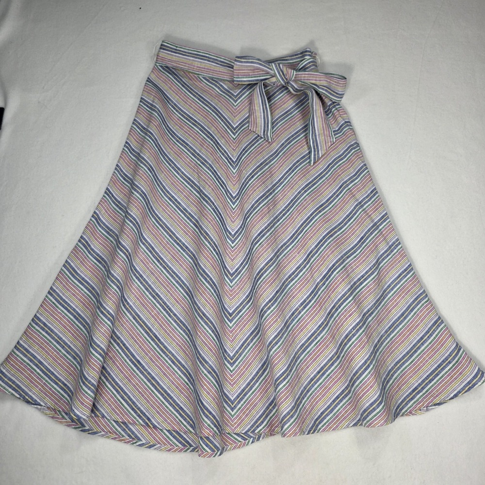 Talbots Linen Blend Rainbow Striped Midi Skirt Belted Chevron A-Line Size 4P